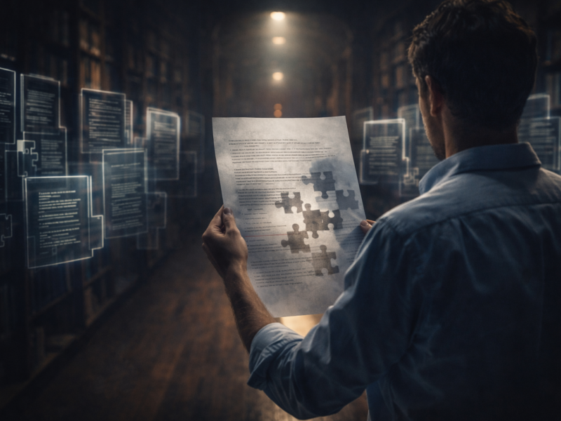 Researcher examining an incomplete research paper symbolizing unclear academic contribution