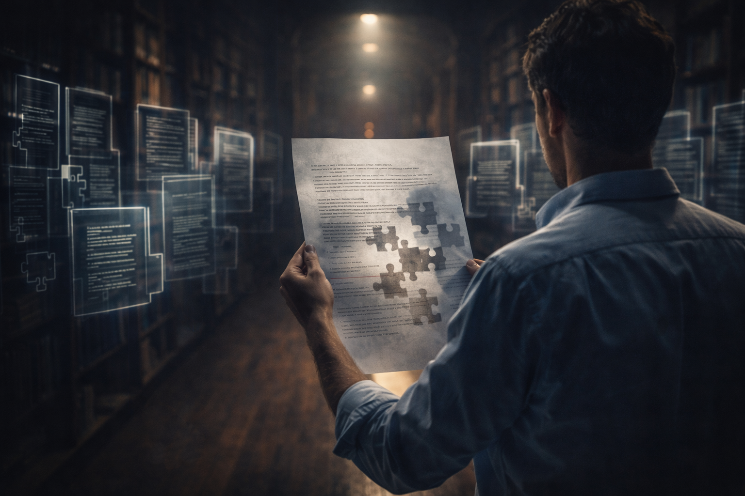 Researcher examining an incomplete research paper symbolizing unclear academic contribution