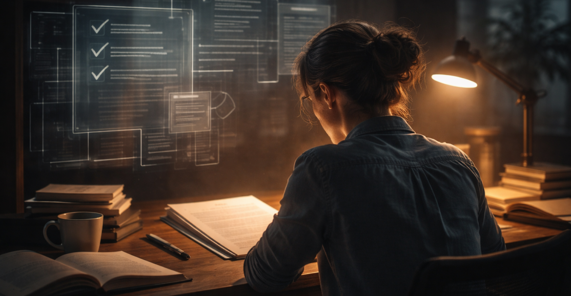 Graduate researcher reviewing a thesis with a reviewer’s perspective overlay during thesis writing