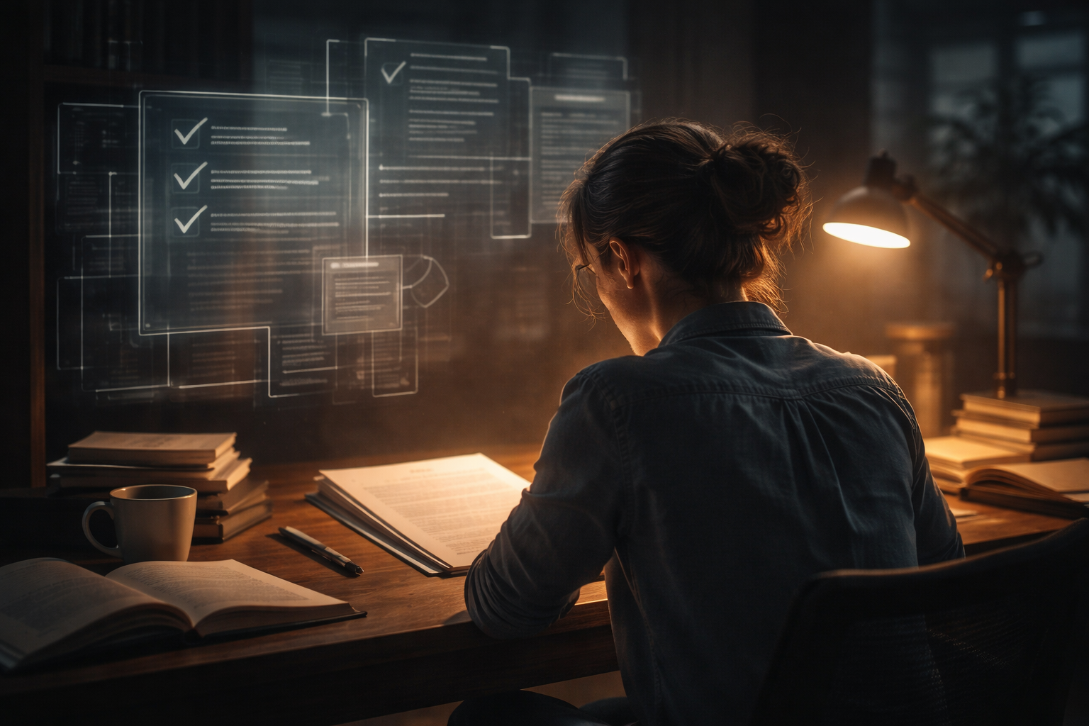 Graduate researcher reviewing a thesis with a reviewer’s perspective overlay during thesis writing