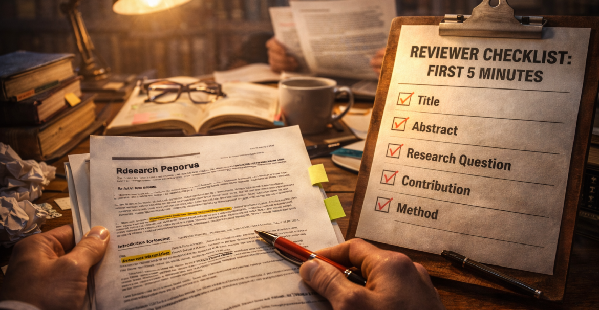 Peer reviewer evaluating a research paper in the first five minutes of review