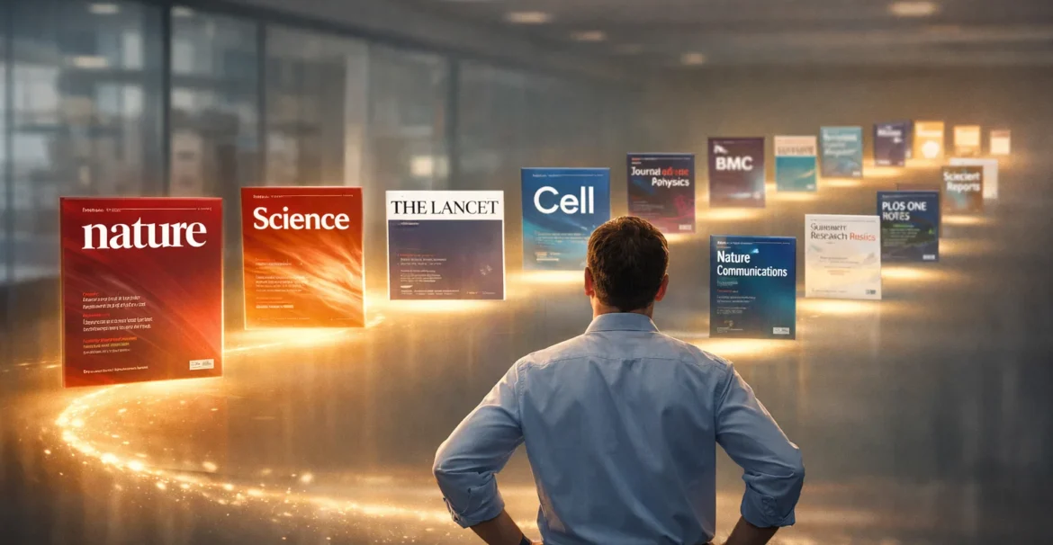 researcher comparing multiple academic journals based on impact and fit.