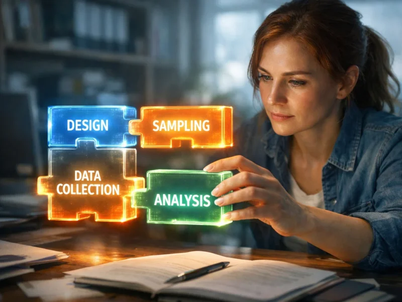 Female researcher structuring a convincing research methodology section.