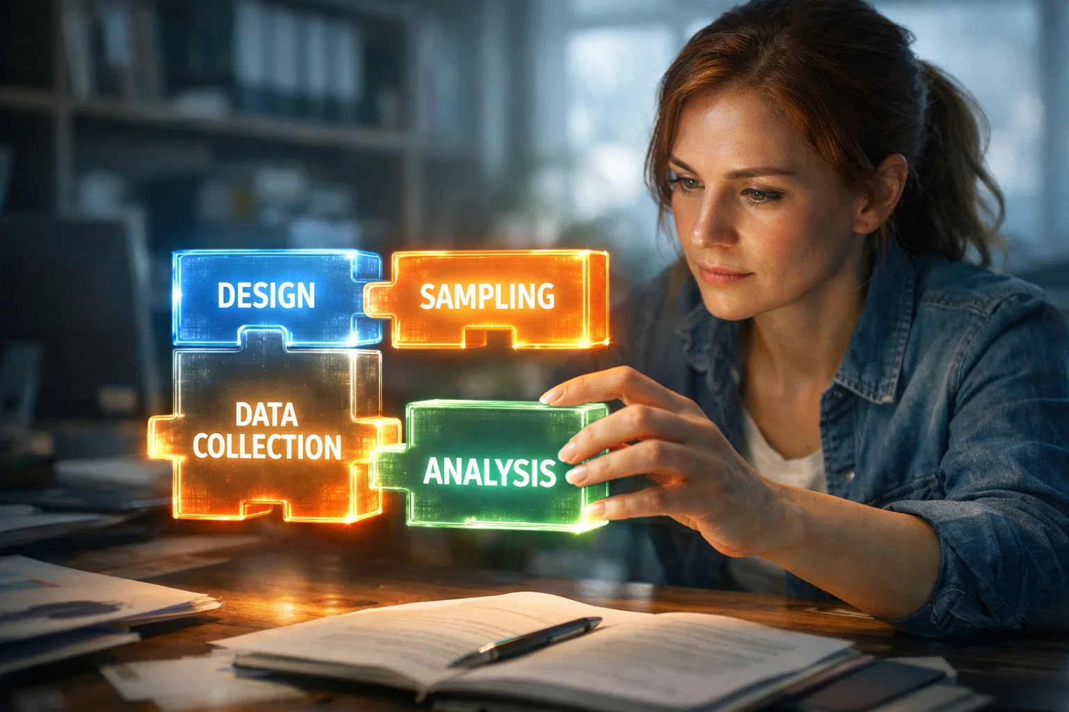 Female researcher structuring a convincing research methodology section.