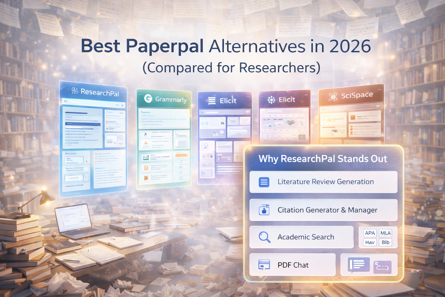 Comparison of academic research tools highlighting why ResearchPal stands out with literature review, citation, search, and PDF chat features
