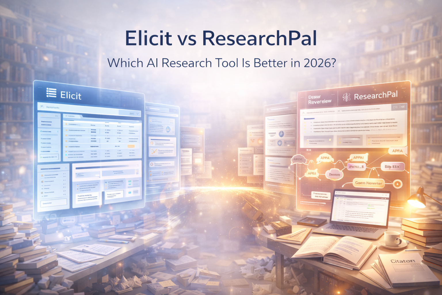 Comparison of Elicit vs ResearchPal showing differences in research discovery, literature review, and citation tools
