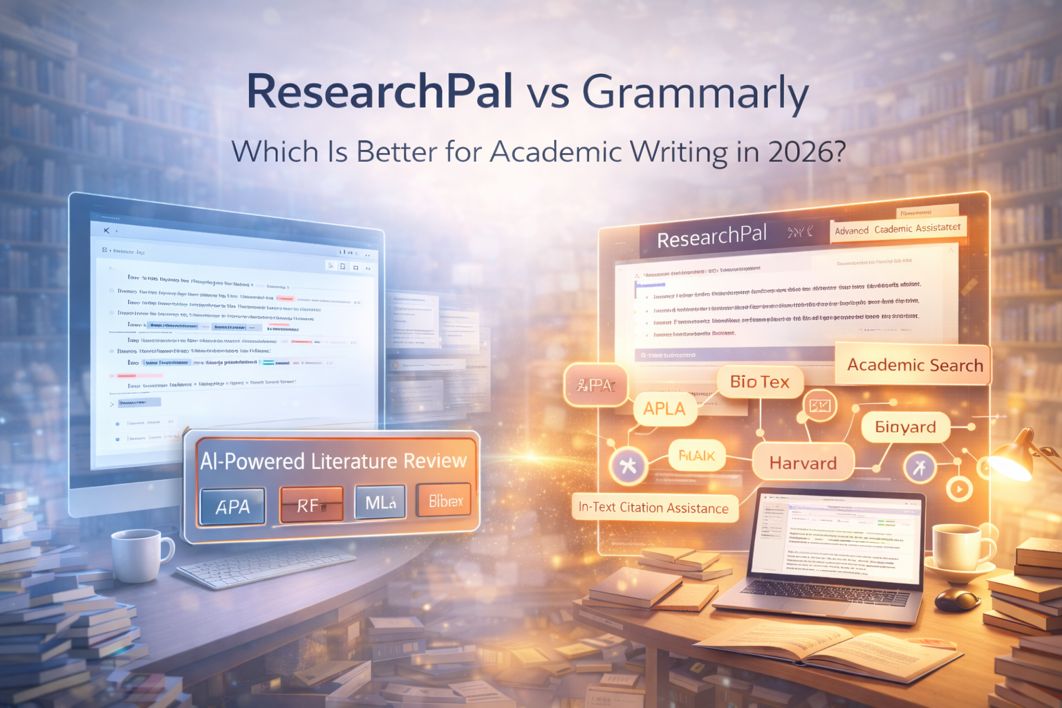 ResearchPal vs Grammarly comparison image highlighting literature review, citation tools, and academic search featurescomparison image highlighting literature review, citation tools, and academic search features