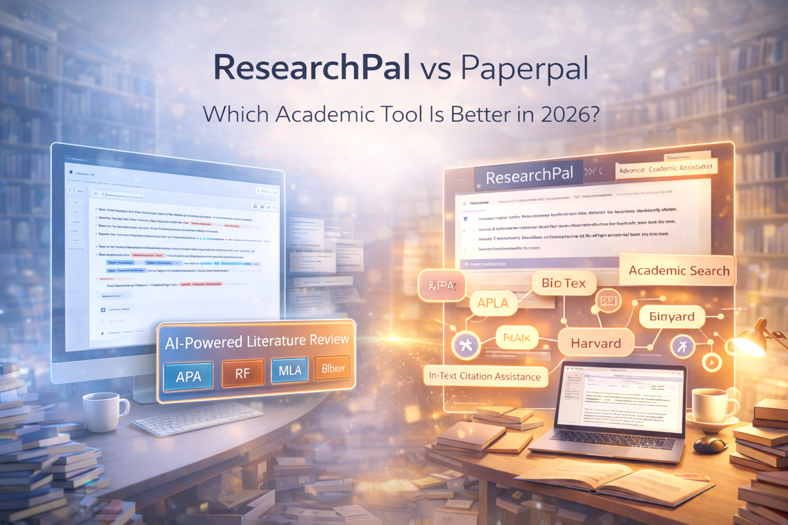 ResearchPal vs Paperpal comparison image highlighting literature review, citation management, and academic search features