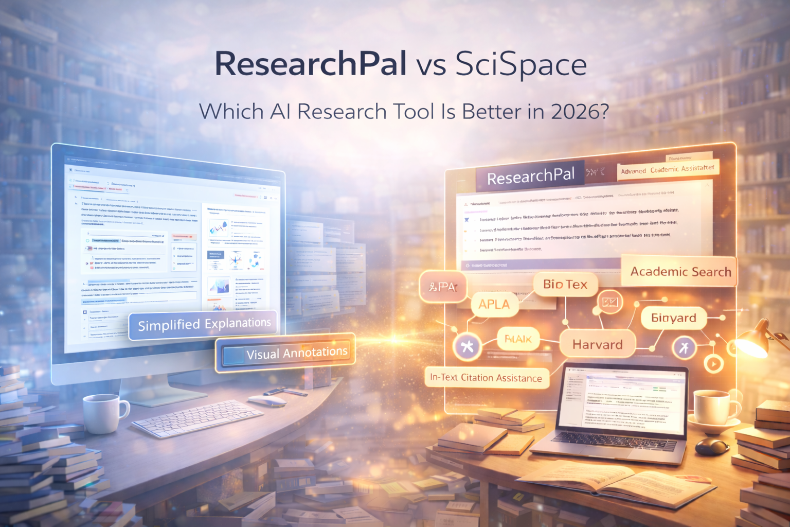 ResearchPal vs SciSpace comparison image highlighting literature review generation, citation tools, and academic search features
