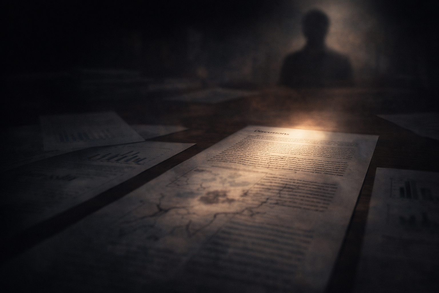 Reviewer evaluating a research paper’s discussion section under focused light