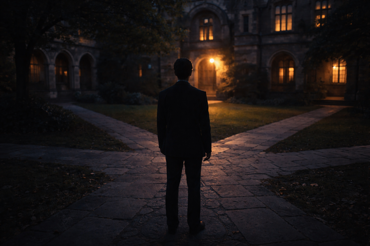 Researcher observing selected academic journals illuminated within a vast archive