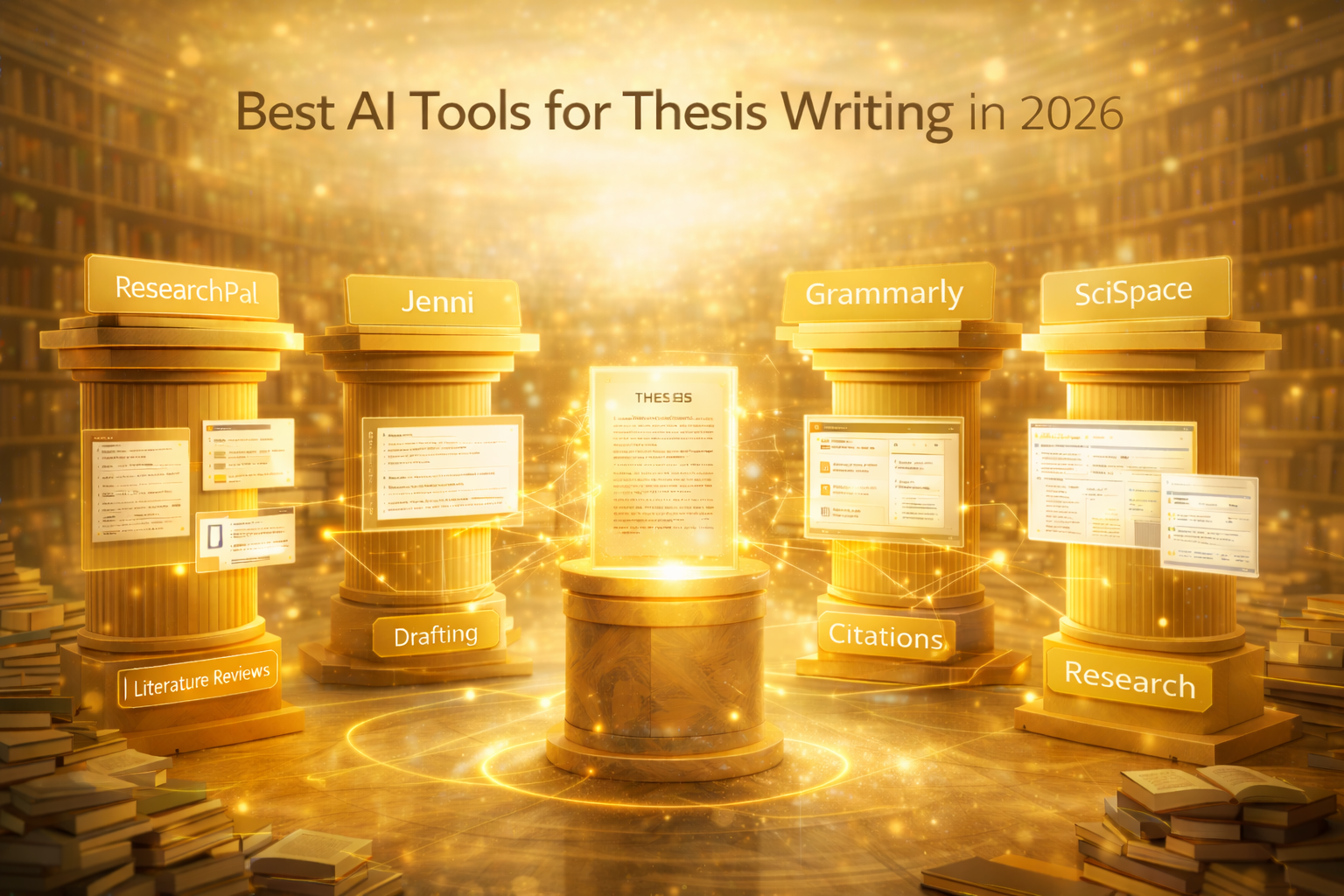 Golden four pillar comparison of AI tools for thesis writing showing literature review, drafting, citations, and research support