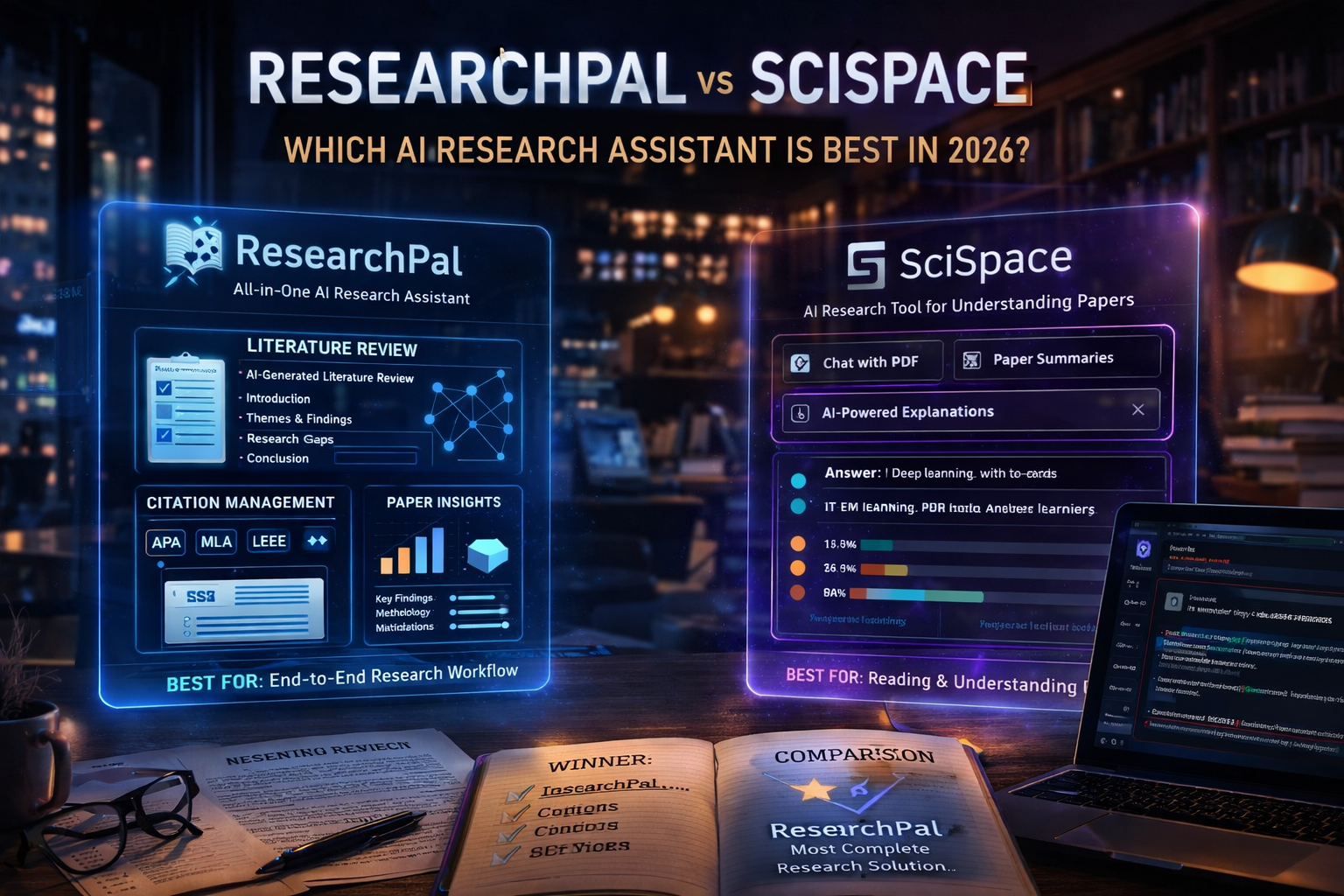 ResearchPal vs SciSpace comparison showing AI research assistant features including literature review, paper insights, and research analysis in cinematic academic workspace