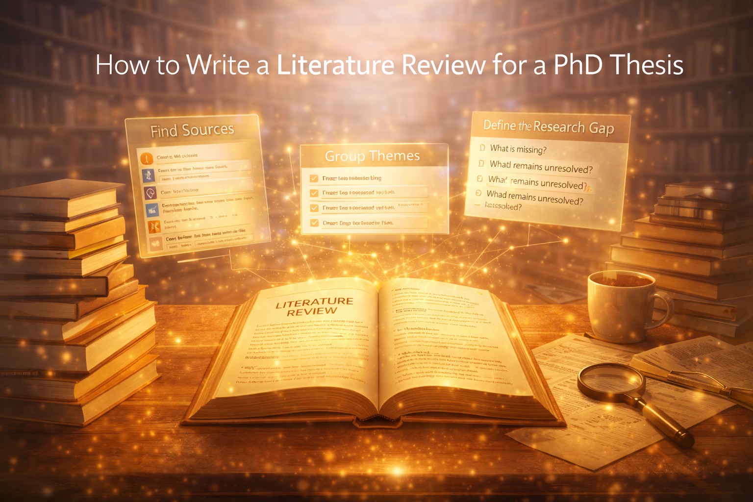 PhD literature review writing process showing research sources, themes, and research gap in a golden academic setting