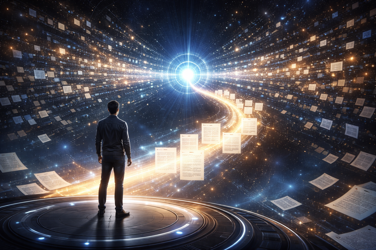 AI research discovery concept showing thousands of research papers orbiting around a central AI core while a researcher observes the illuminated path of relevant studies