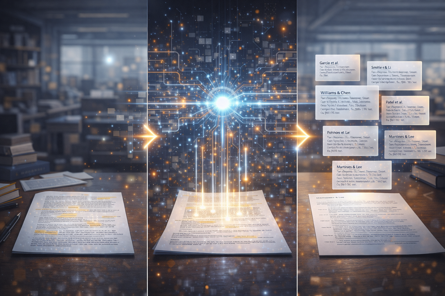 AI extracting references from a research paper PDF and organizing them into a structured reference list automatically