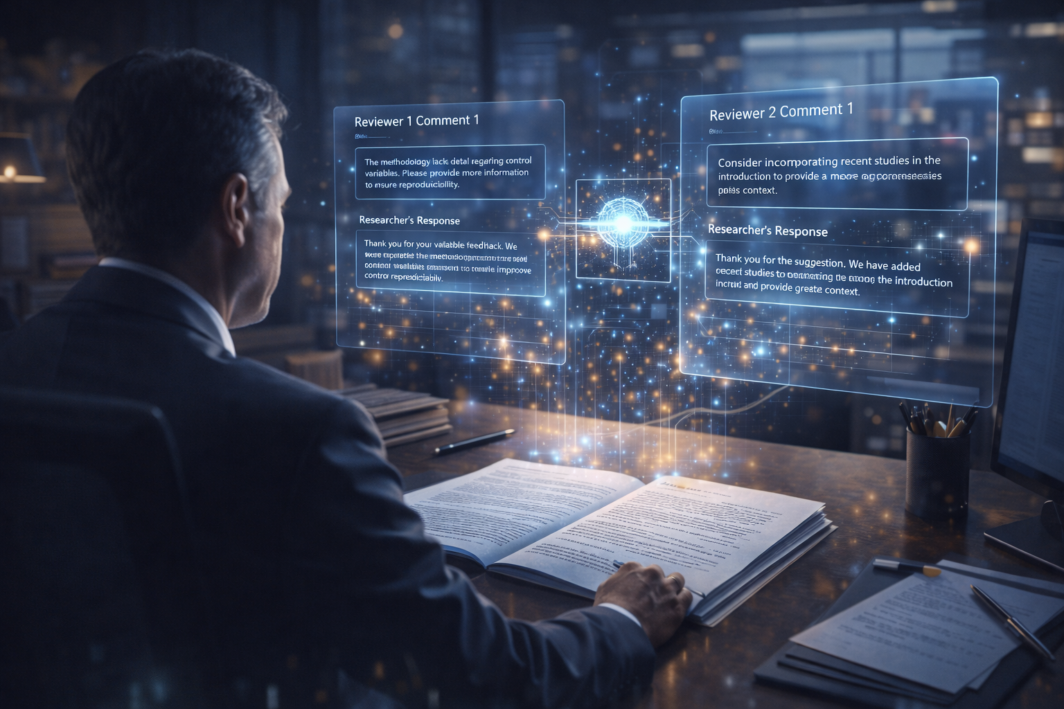 Journal editor reviewing AI-generated responses to peer review comments on a research manuscript