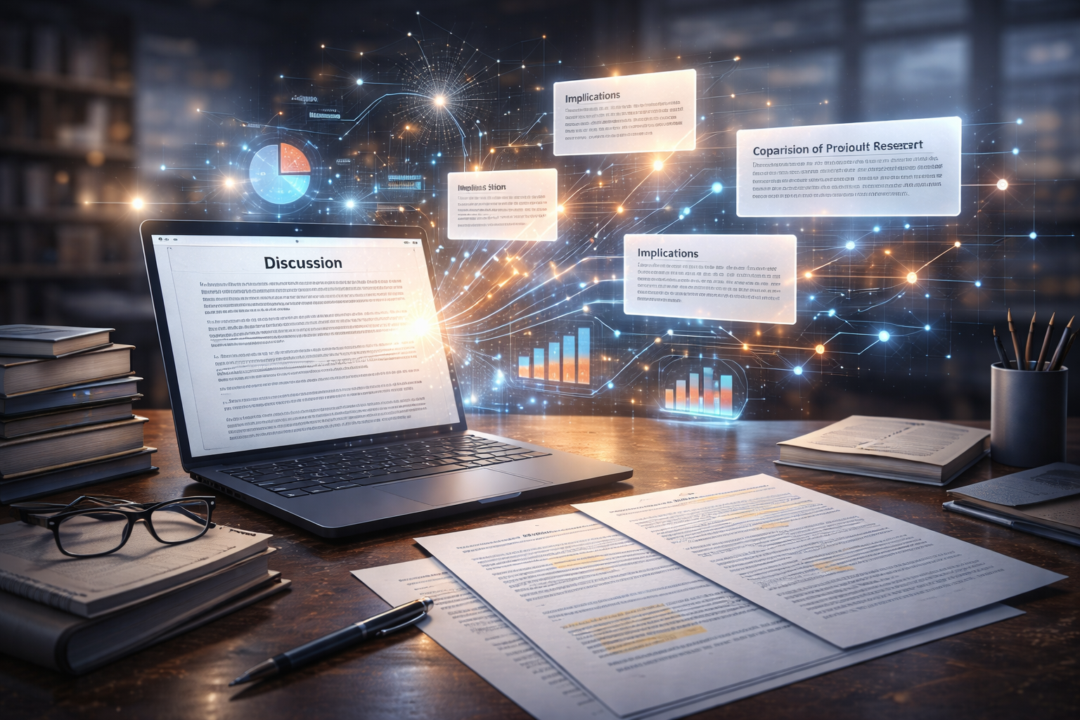 AI assisting researchers in writing the discussion section of a research paper with data insights and literature connections