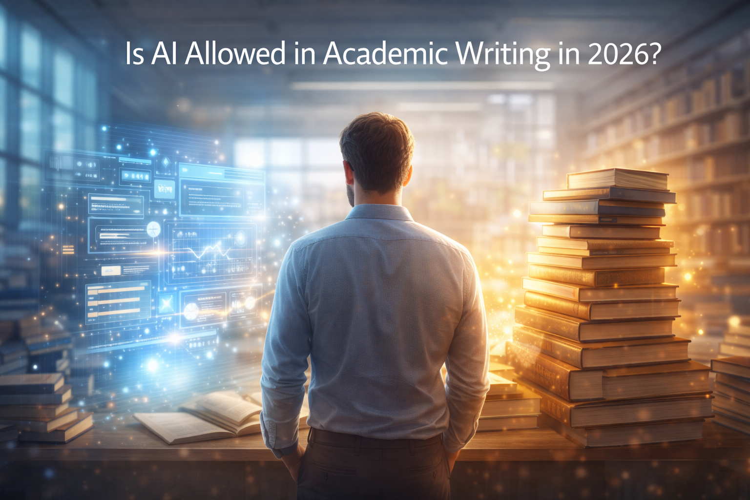 Researcher standing between AI interface and traditional books symbolizing responsible AI use in academic writing in 2026