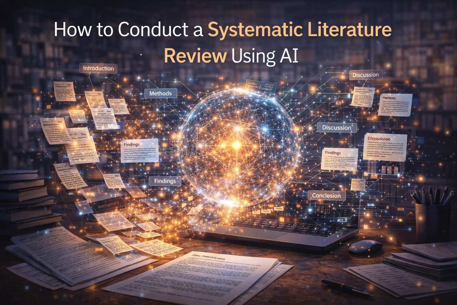 AI-powered systematic literature review visualized as a glowing blue knowledge network organizing research papers and academic findings