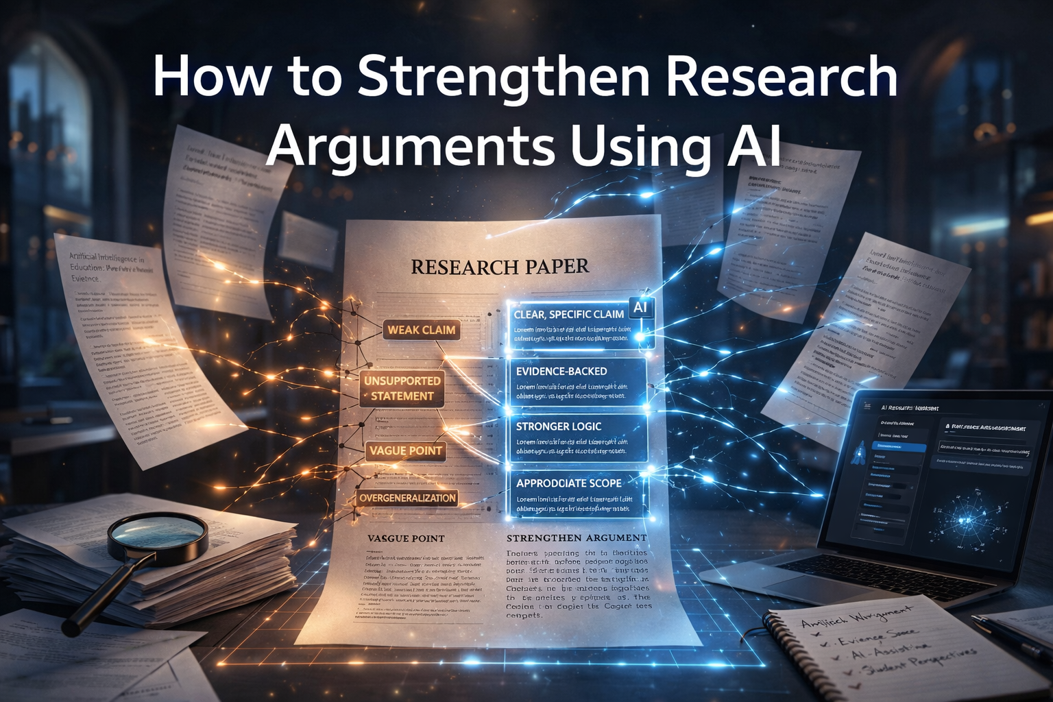 AI strengthening research arguments in a cinematic academic research environment with holographic paper analysis