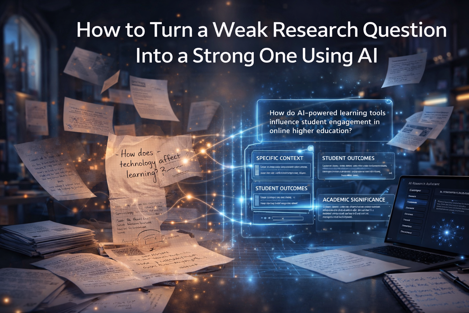 AI transforming weak research question into strong research question in cinematic academic environment