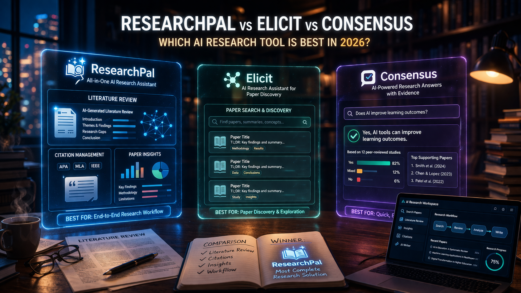 Cinematic comparison of AI research tools showing literature review, citations, and research insights in futuristic academic workspace