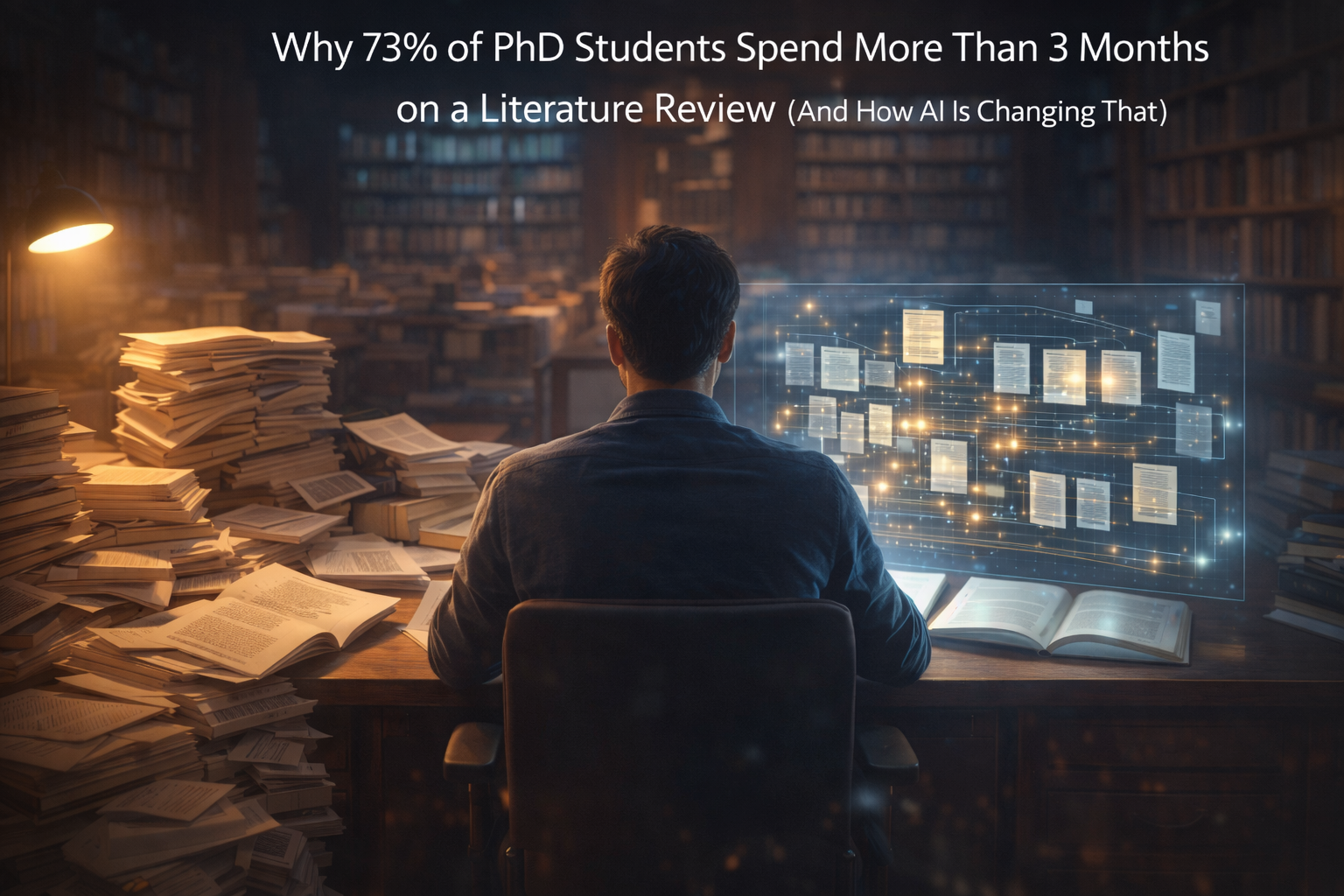 PhD student surrounded by stacks of research papers in a university library while an AI interface organizes literature digitally