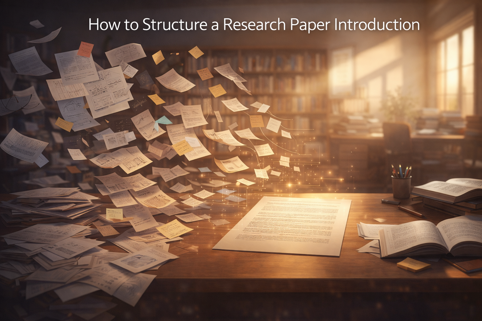 Floating research notes and papers forming a structured research paper introduction on a desk in a bright university study room
