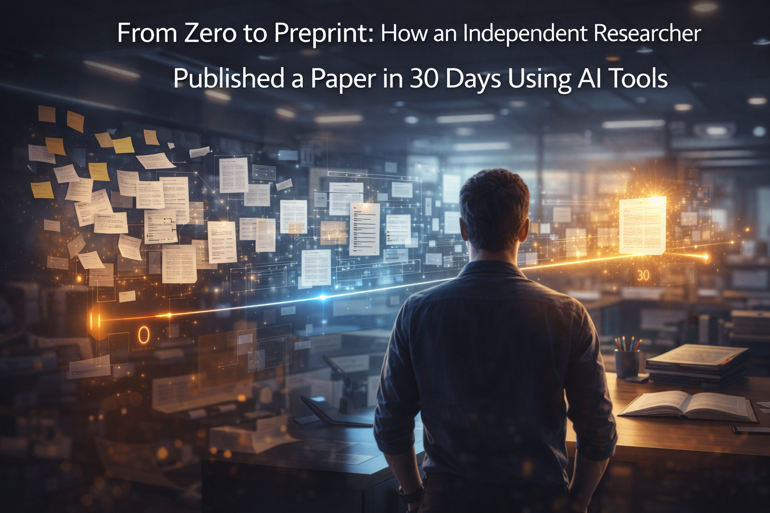 Researcher observing a 30-day research timeline with AI tools organizing papers and a glowing preprint manuscript in a modern workspace