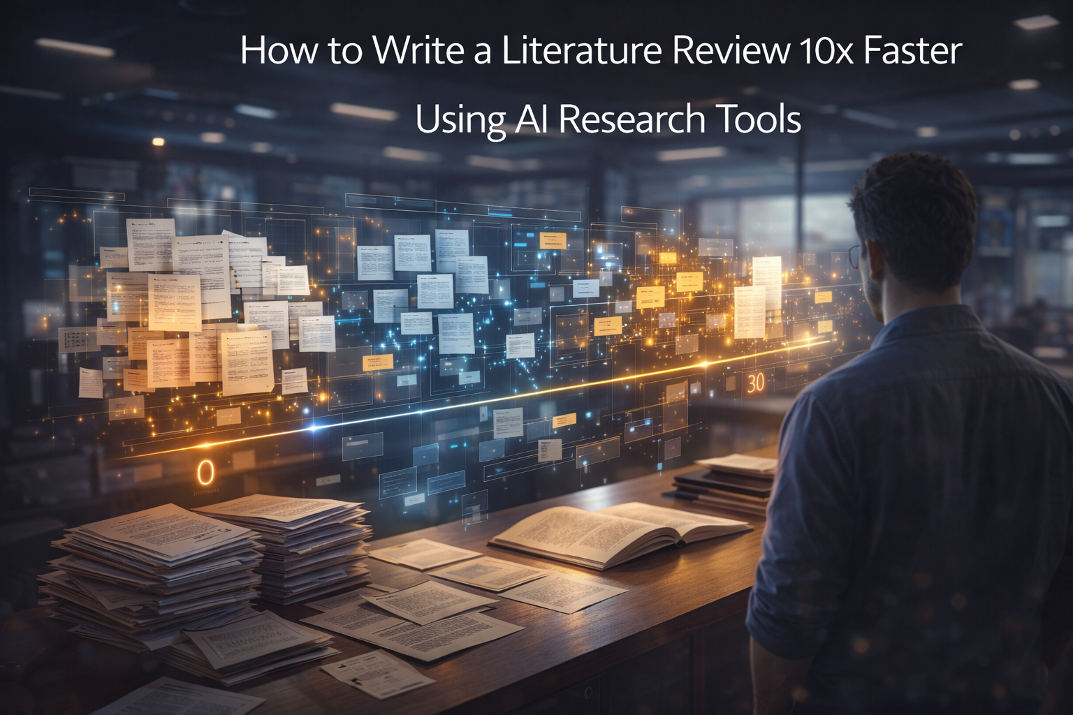 Research papers transforming into AI-organized clusters and citation networks in a modern research lab illustrating faster literature review with AI tools