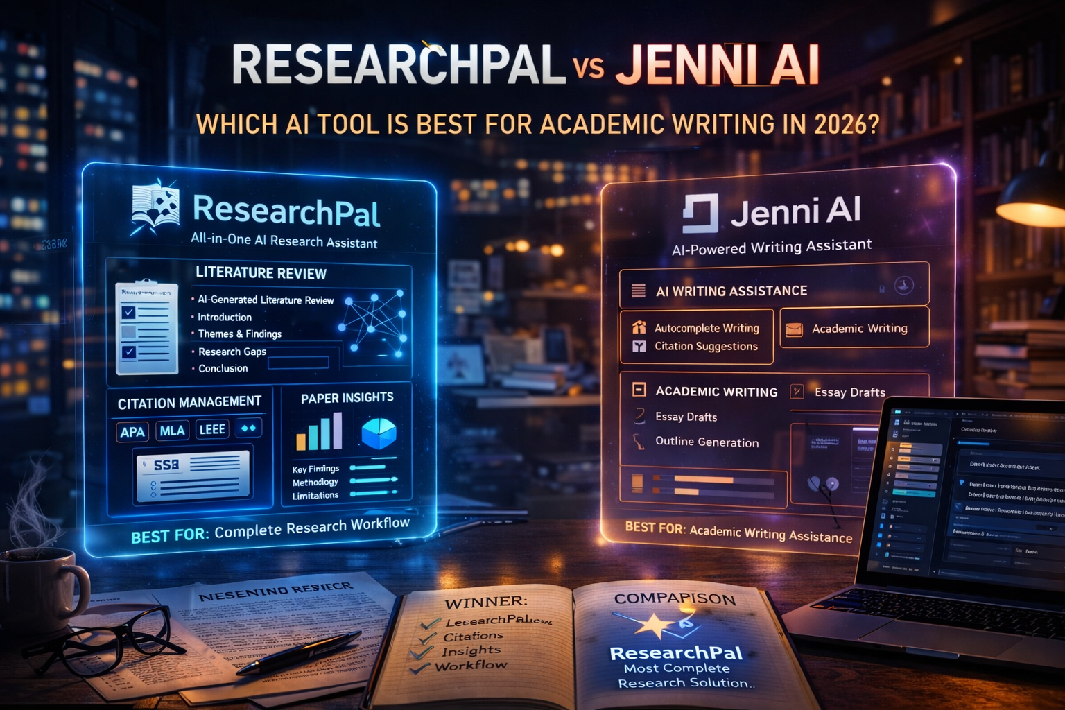 ResearchPal vs Jenni AI comparison showing AI academic writing and research workflow tools in a cinematic academic workspace