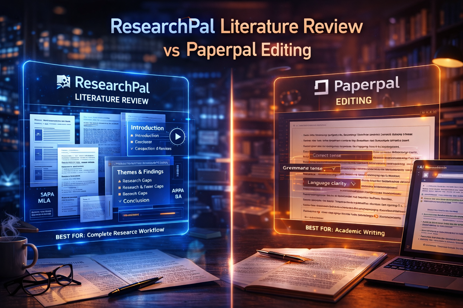 ResearchPal literature review vs Paperpal editing comparison in cinematic academic AI workspace