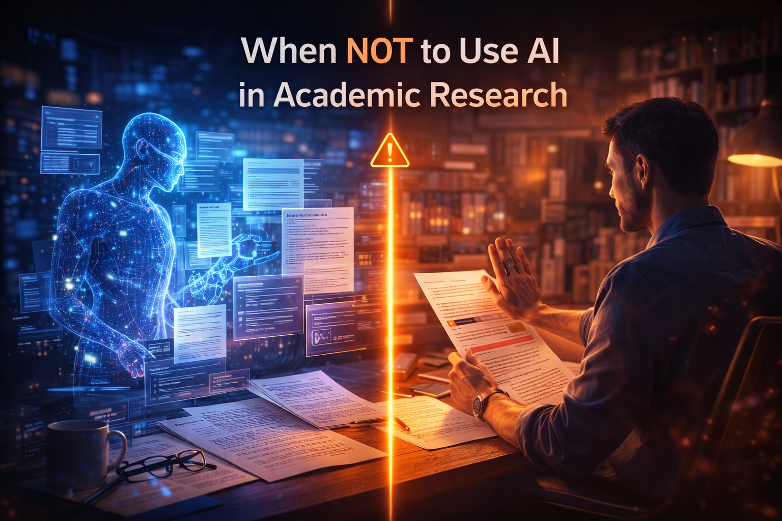 Cinematic scene showing ethical boundary between AI and human decision making in academic research