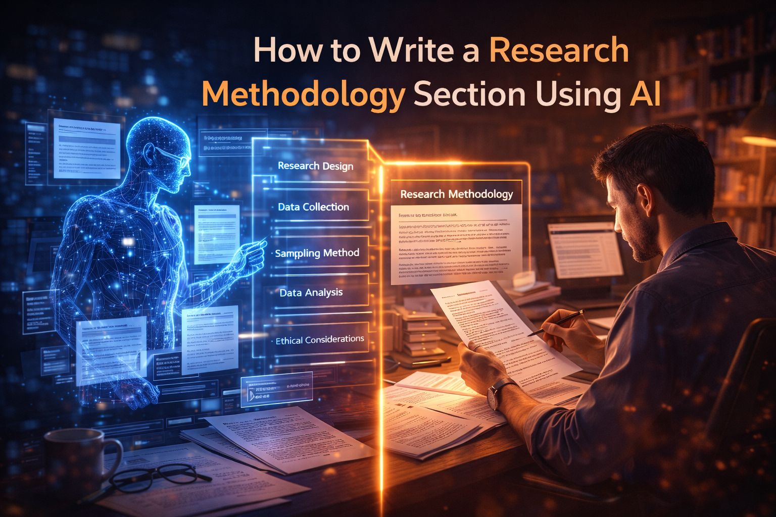 AI assisting in writing a research methodology section with human researcher reviewing content in a cinematic academic workspace
