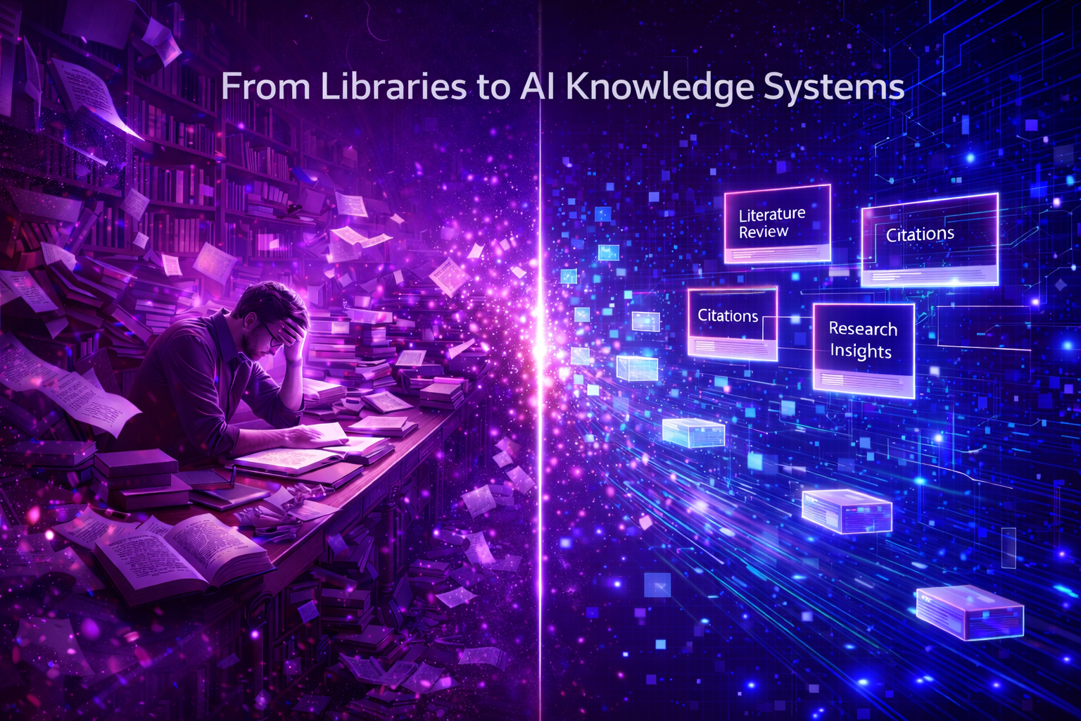 Cinematic transformation of a traditional research library into an AI-powered knowledge system with digital interfaces and data flow
