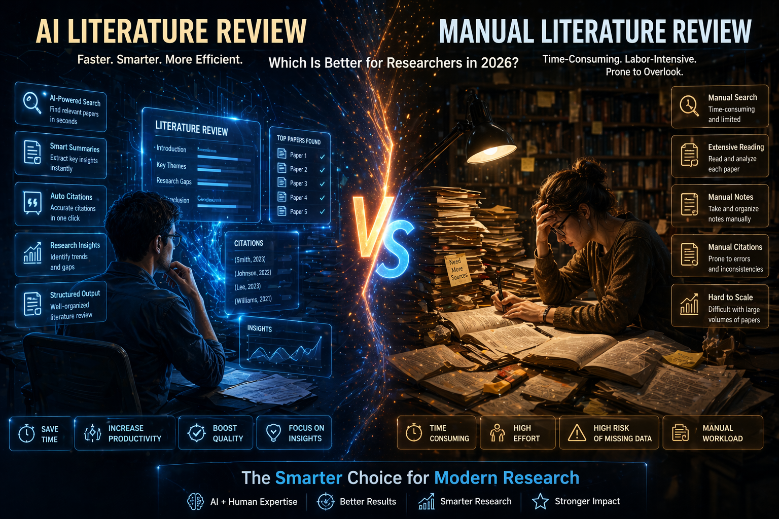 AI vs manual literature review comparison showing automated research system versus traditional manual paper analysis in a cinematic academic scene