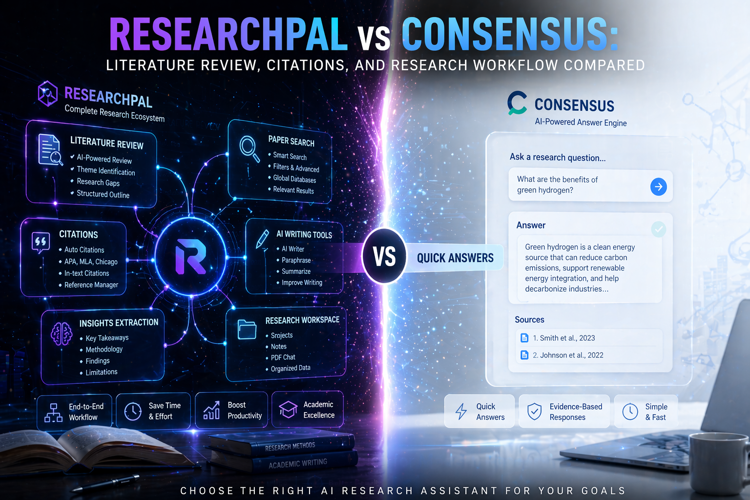 Cinematic comparison of AI research workflow system versus simple answer engine showing literature review and citation capabilities