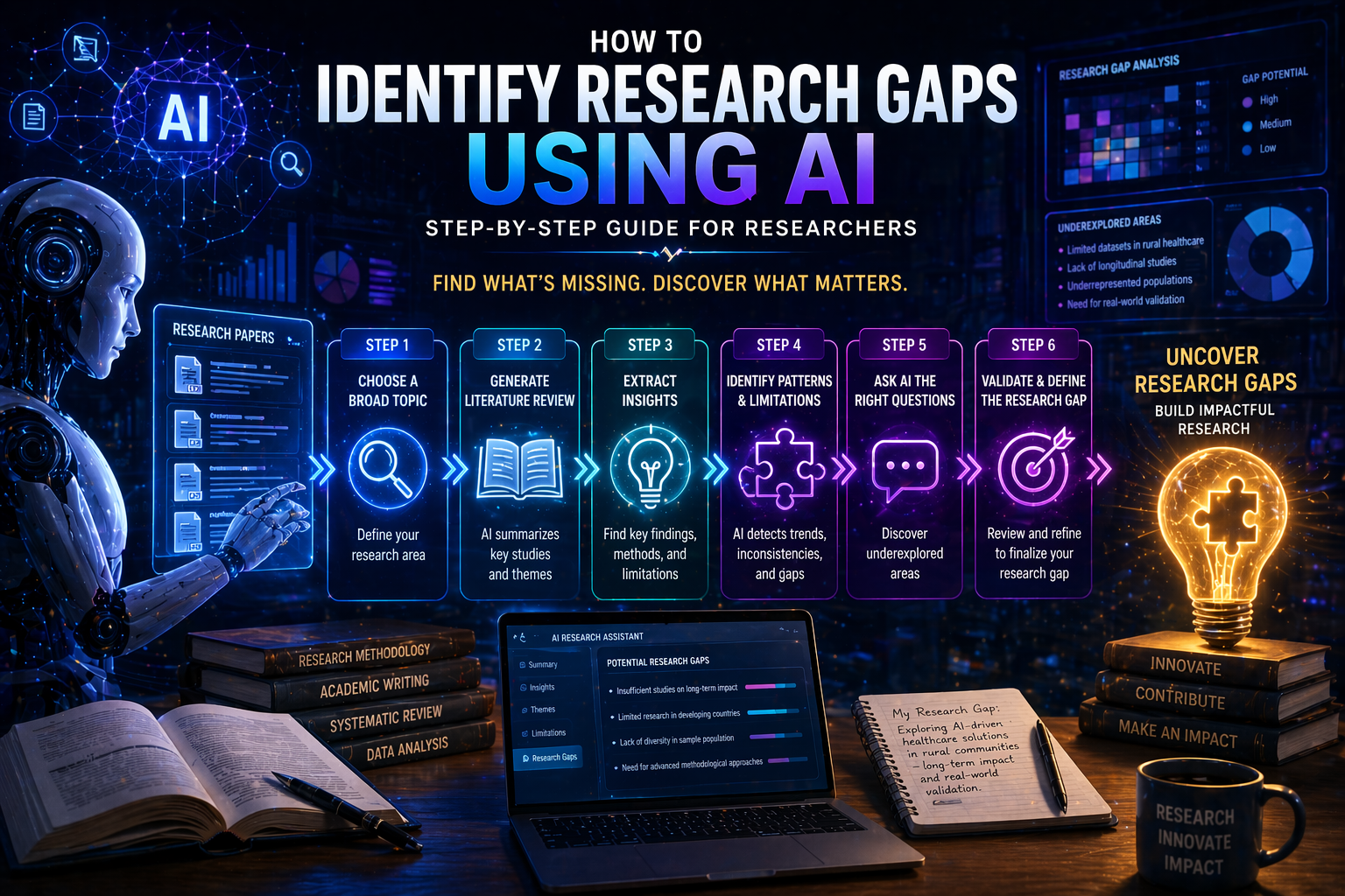 Cinematic AI research system analyzing papers to identify research gaps with futuristic dashboard and data visualization