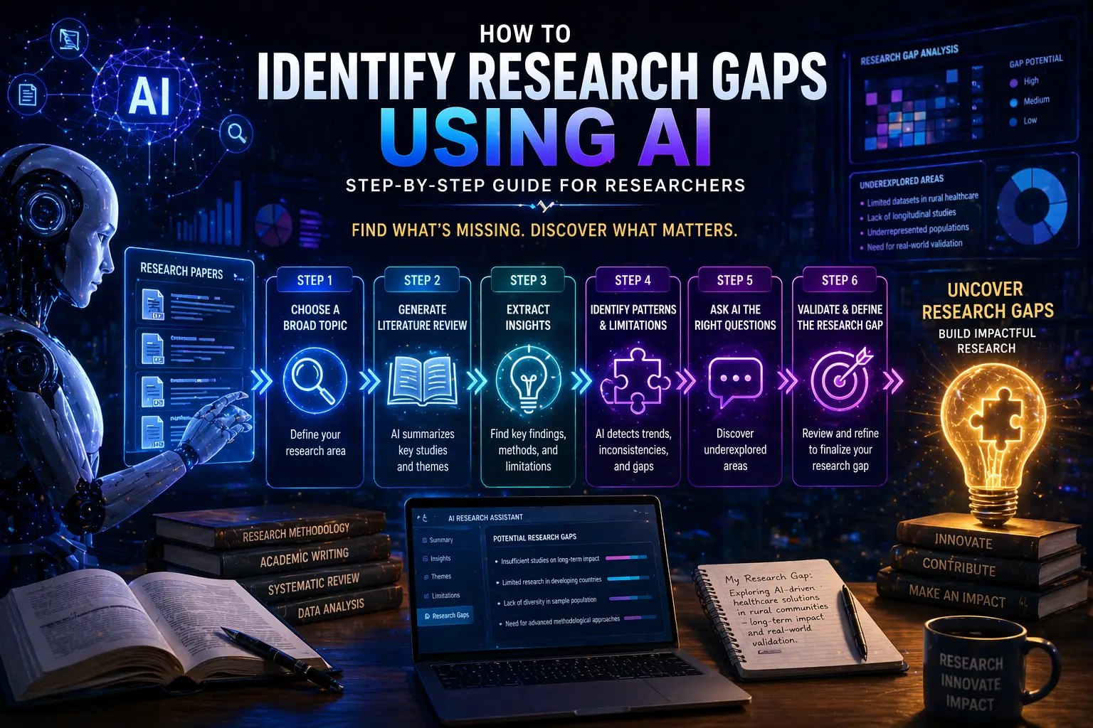 Cinematic AI research system analyzing papers to identify research gaps with futuristic dashboard and data visualization