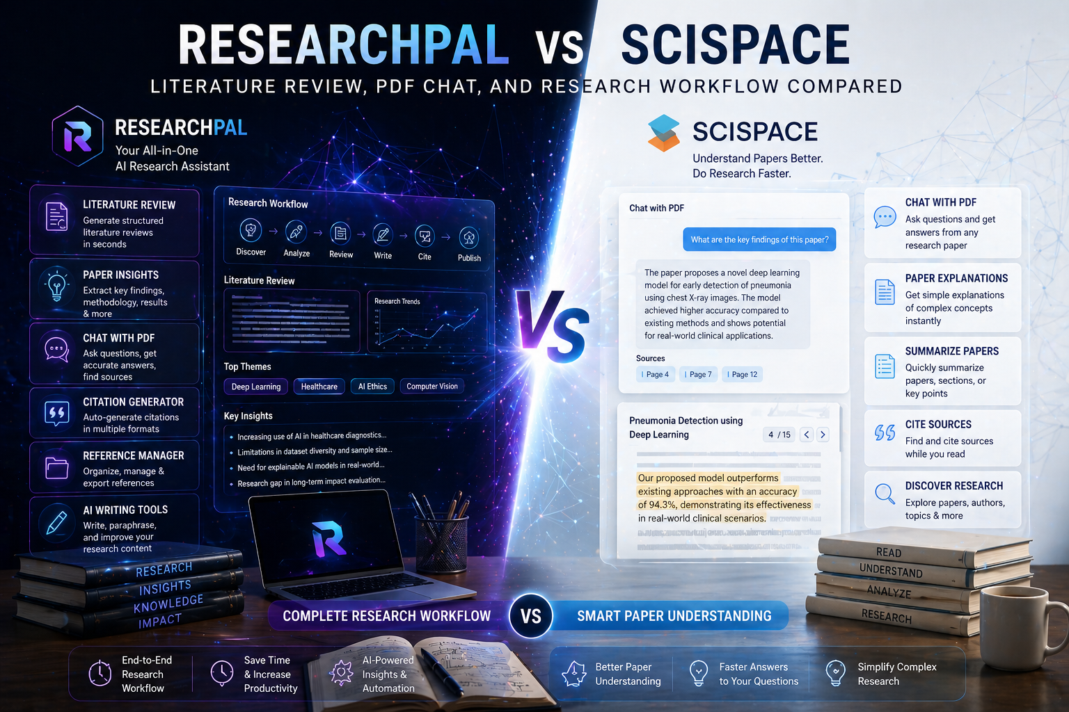 Cinematic comparison of ResearchPal and SciSpace showing AI literature review workflow versus PDF-based research understanding tools