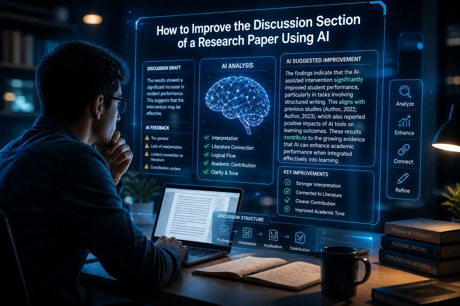 AI analyzing research findings and improving discussion section using futuristic academic visualization