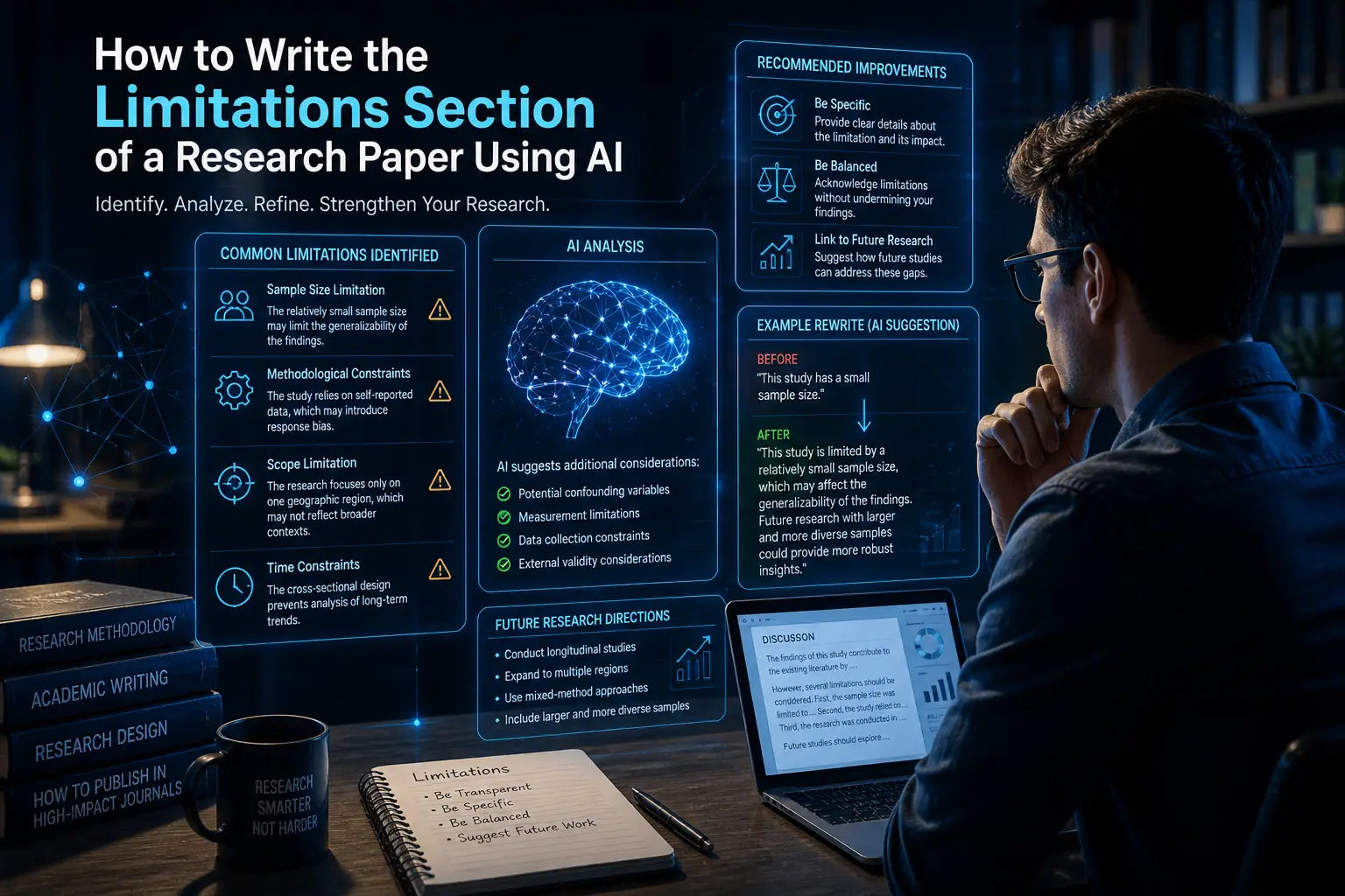 AI analyzing research limitations and identifying gaps in a futuristic academic environment