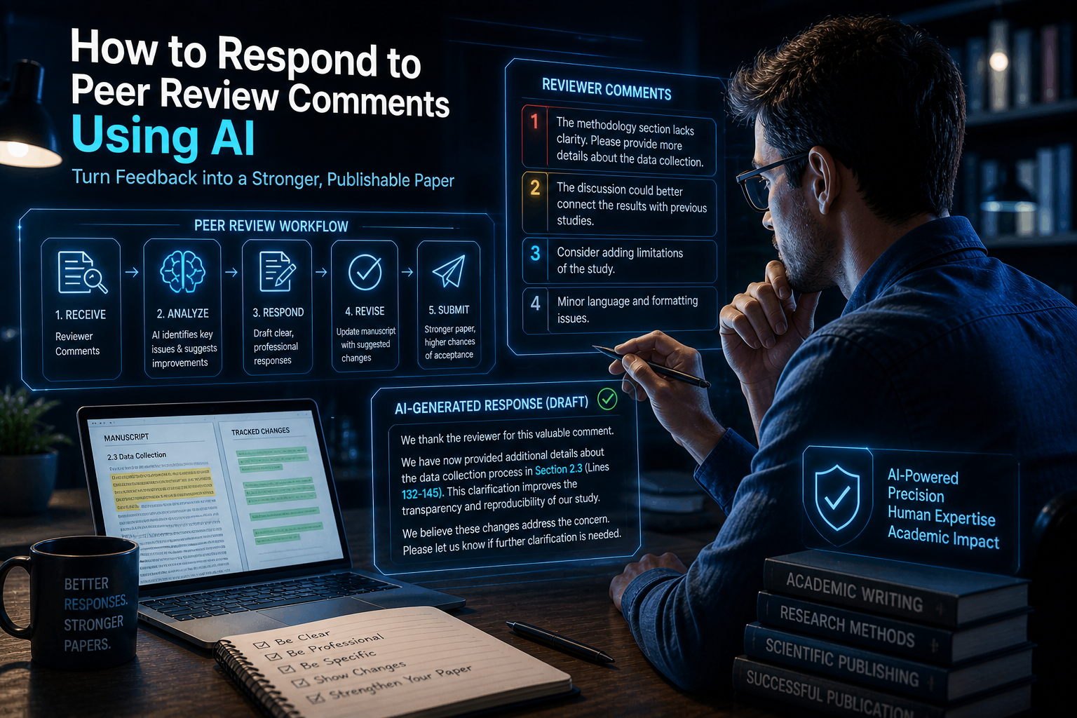 AI assisting researcher in responding to peer review comments with futuristic academic interface