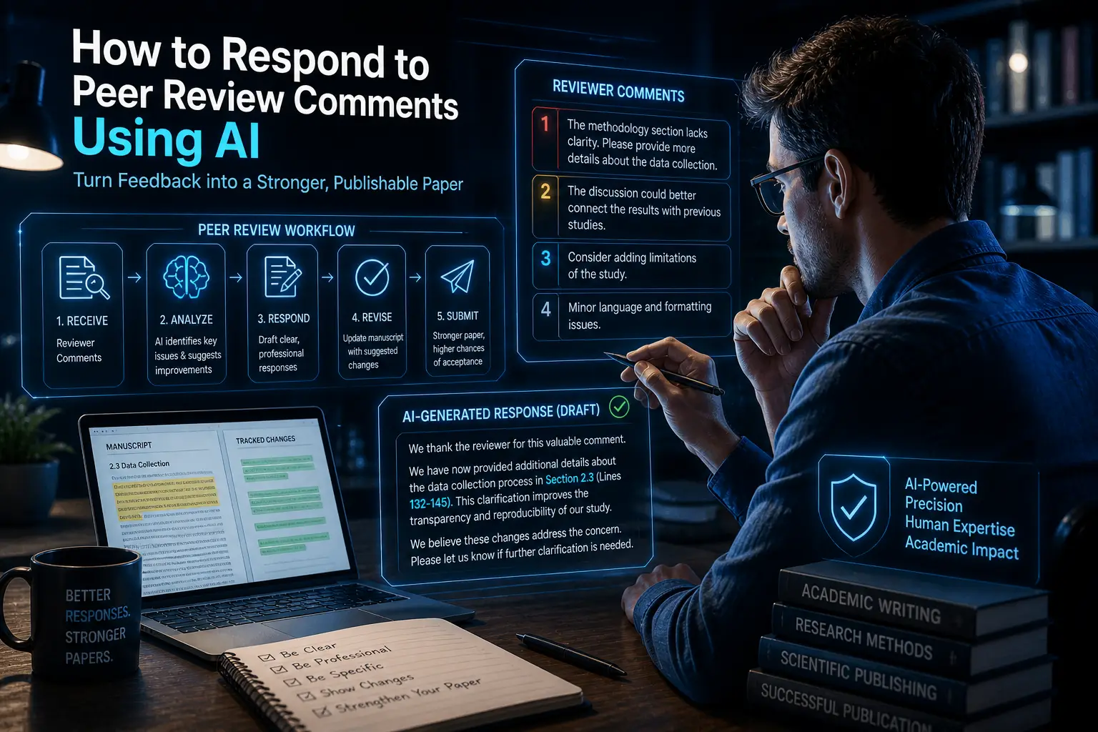 AI assisting researcher in responding to peer review comments with futuristic academic interface
