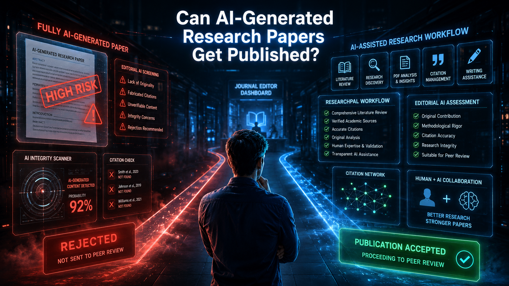 Researcher comparing AI-generated research papers with AI-assisted academic publishing workflows in a futuristic journal review environment.