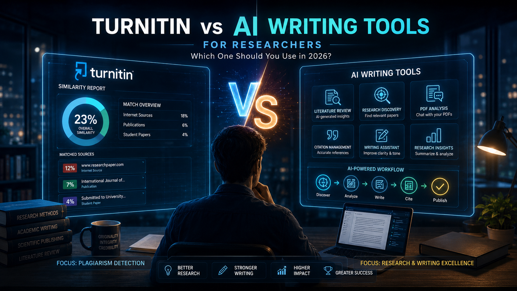 Researcher comparing Turnitin plagiarism detection software with AI-powered research and academic writing tools through futuristic digital dashboards.