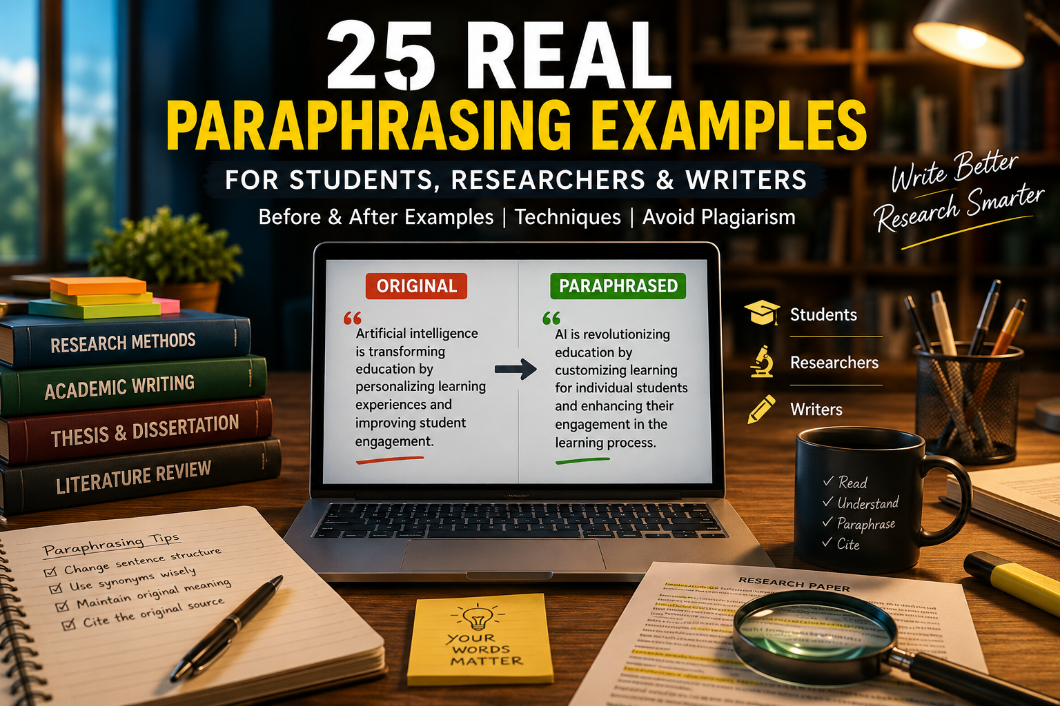 Examples of academic paraphrasing showing original and rewritten sentences for students and researchers