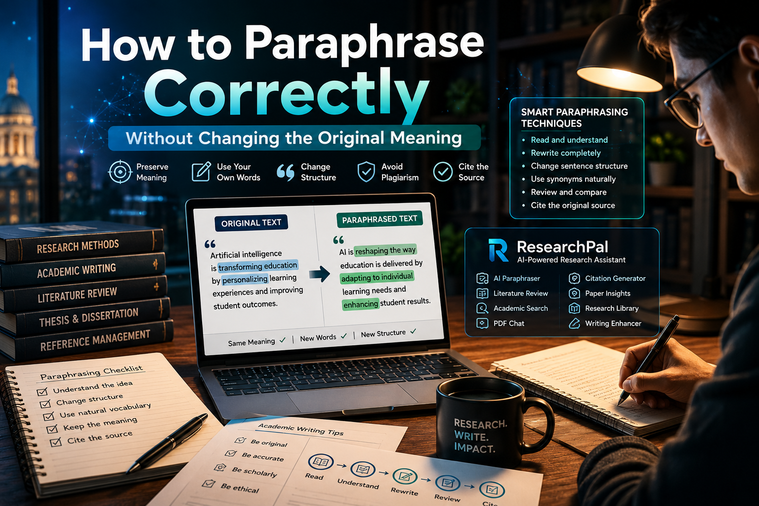 Student using AI-assisted academic writing tools to paraphrase research content while preserving the original meaning.