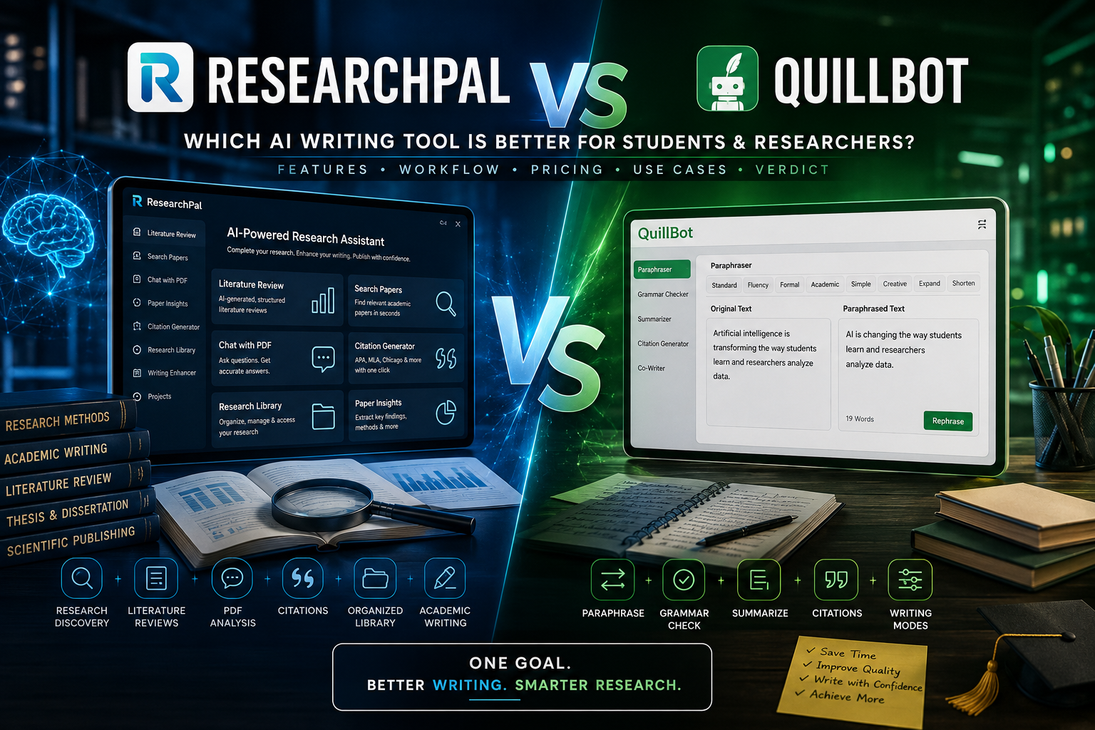 Side-by-side comparison of ResearchPal and QuillBot highlighting AI writing, paraphrasing, literature review, academic paper search, PDF chat, citation management, and research workflow features.